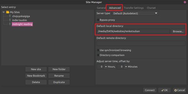 The Site Manager in FileZilla showing the settings for renkotsuban.com open to the Advanced tab, highlighting the "Default local directory" field