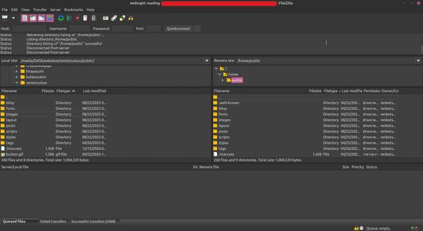 FileZilla connected to renkotsuban.com and showing both the local files and server files mirroring each other