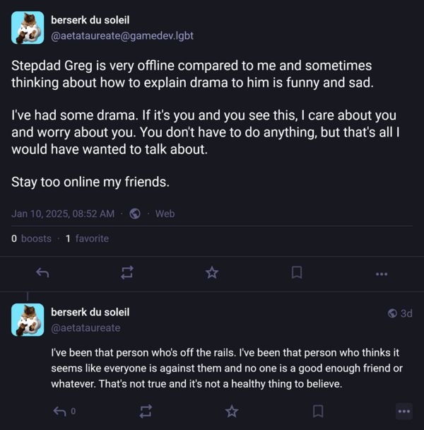 Two Mastodon posts by Caroline (@aetataureate) with the following text: