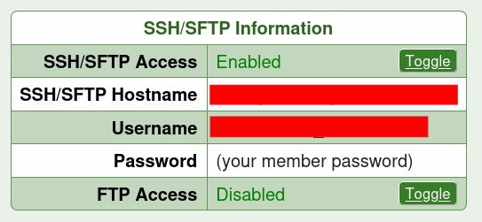 The "SSH/SFTP Information" box in the NearlyFreeSpeech.net site settings