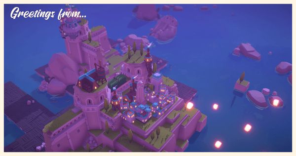 Screenshot of my island that I built in ISLANDERS: New Shores. It is at night and my town is clustered among the high cliffs in the center of the island with lanterns streaming into the sky. In the top-left corner it says "Greetings from..." to make it look like a digital postcard